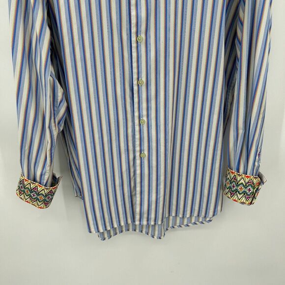 ROBERT GRAHAM Blue White Orange Stripe Embroidered Cuff Button Up Dress Shirt XL - Picture 4 of 9